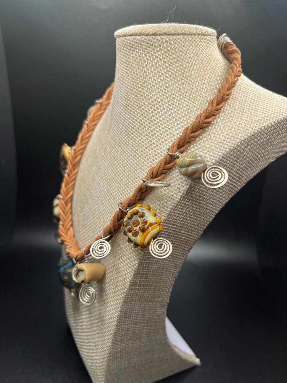 Artisan Sterling Silver Wire Art Glass Braided Leather Statement Necklace Boho